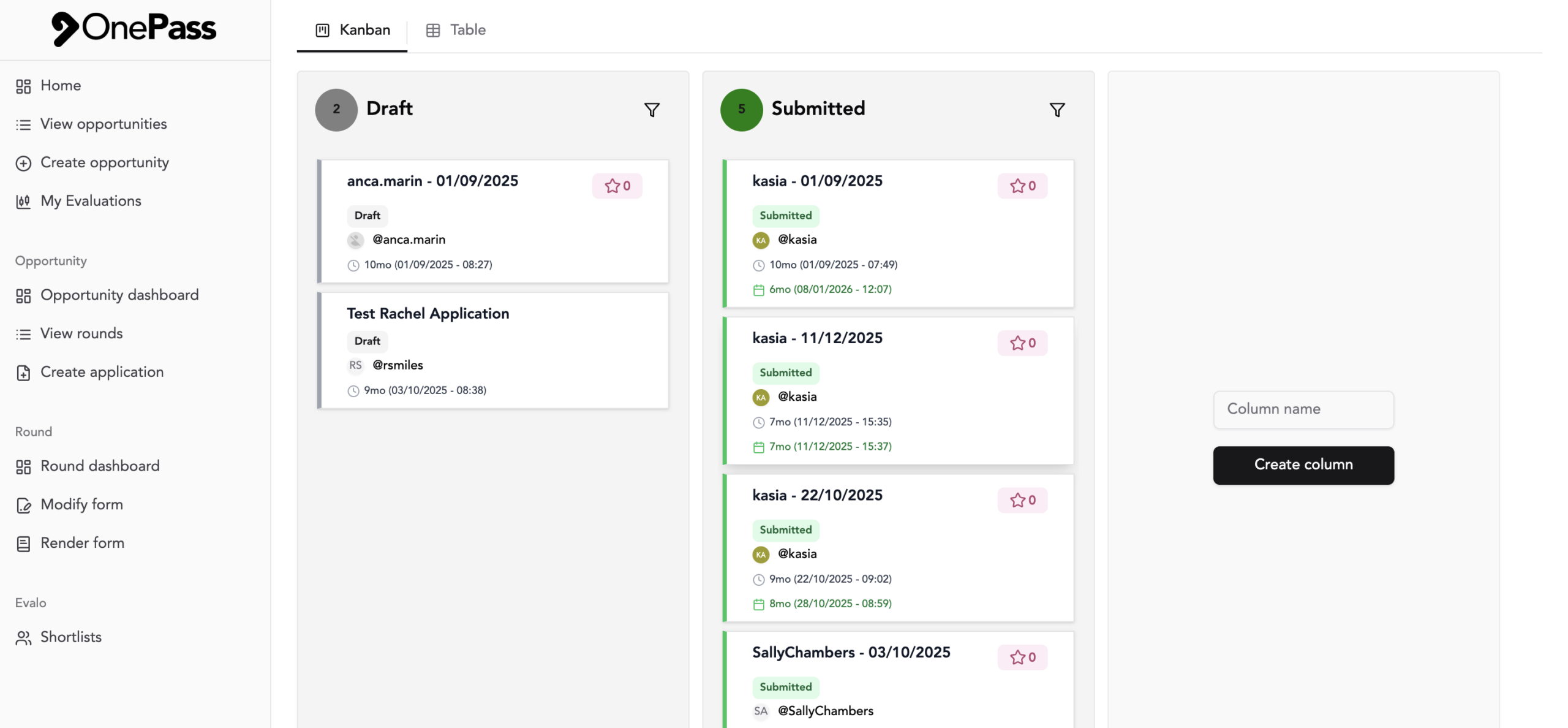 OnePass application pipeline, Kanban view