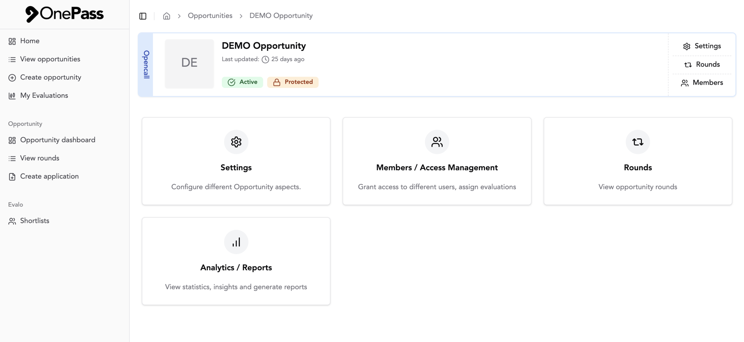 OnePass opportunity overview with status